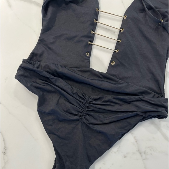 Revolve Blue Life Gold Spear Black One Piece Swim Bathing Suit - Picture 7 of 9